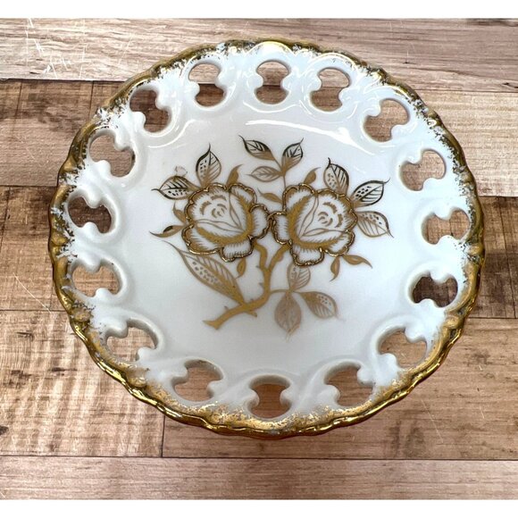Vintage Unmarked LEFTON White Porcelain Footed COMPOTE DISH Gold Roses/Accent - Picture 2 of 3